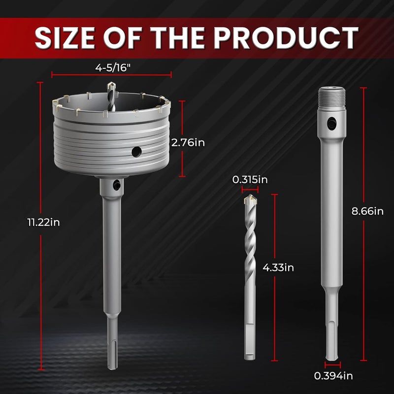 CSOOM Concrete Hole Saw 4-5/16" (110mm) with 220mm SDS Plus Shank Connecting Rod, Carbide Cement Hole Saw for Concrete Cement, Brick Wall Stone - Image 2